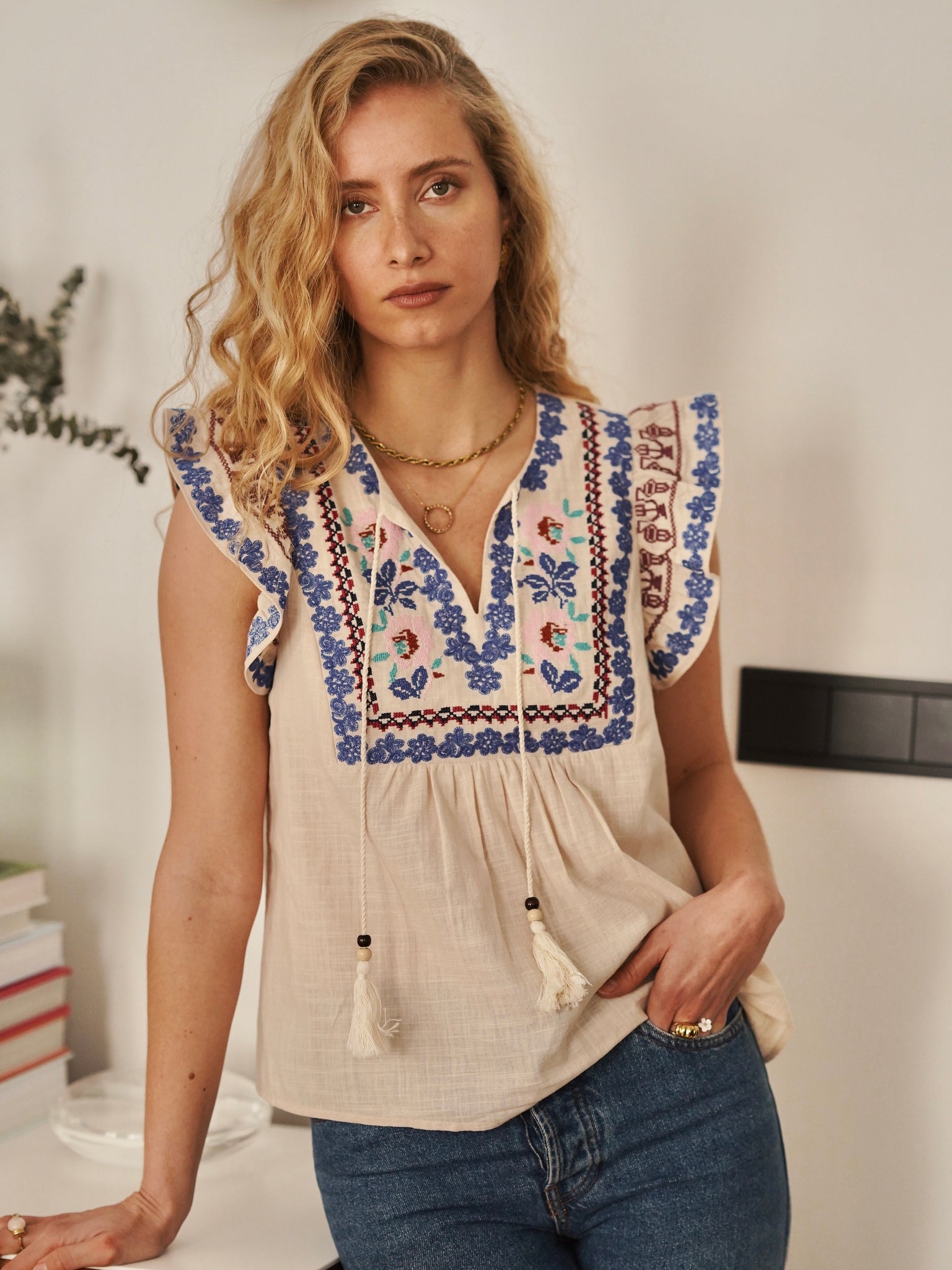 Cream Frill Sleeve Embroidered Blouse by April 1986 – CASHMERE GOOSE