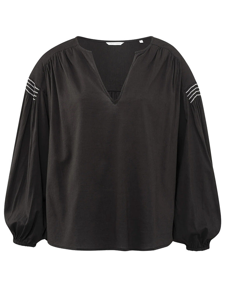 Black Embroided V-Neck Blouse by Yaya