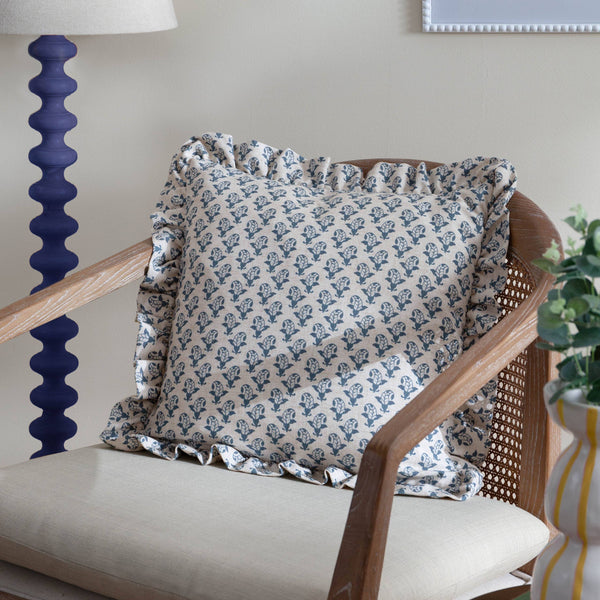 Blue Lulah Block Printed Ruffle Cushion Feather 45 x 45cm