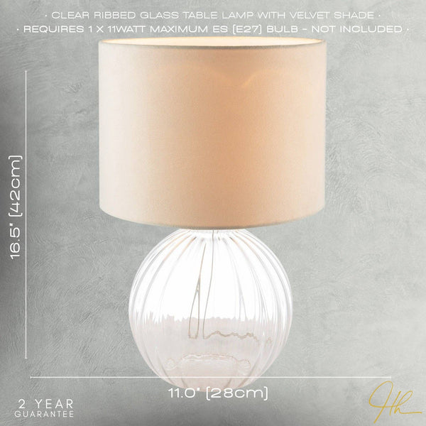 Contemporary Clear Ribbed Glass Table Lamp with Velvet Fabric Shade