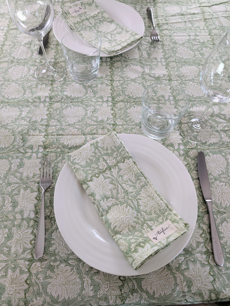 Green Floral Block Printed Cotton Table Cloth 150x230cm