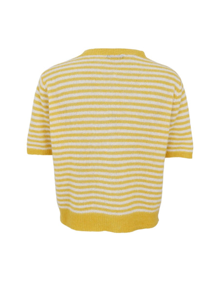 Yellow Short Sleeve Stripe Cardigan by Black Colour