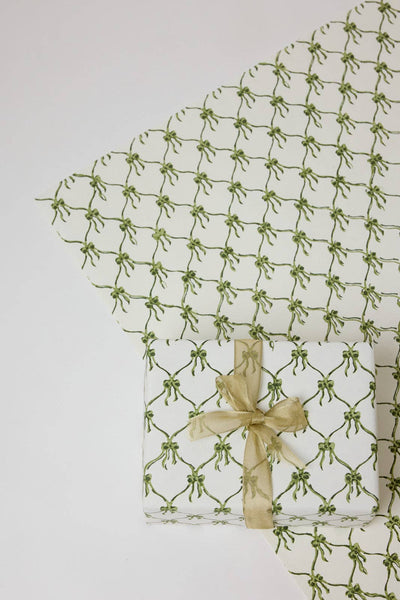 Block Printed Wrapping Paper Sheets - Bows Holly Green