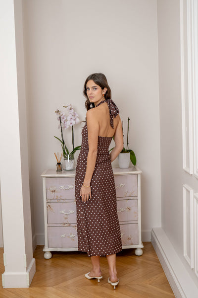 Chocolate Polka Dot Halterneck Maxi Dress by Lovie and Co