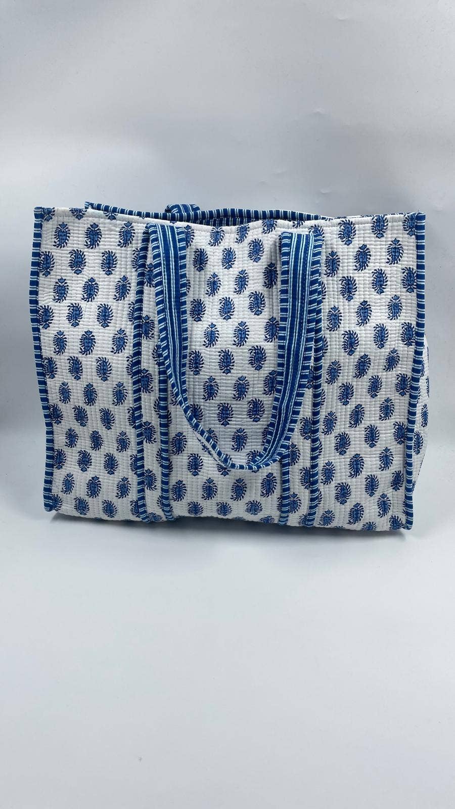 100% Cotton Kantha Quilted Boho Blue Floral Reversible Tote Bag
