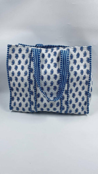 100% Cotton Kantha Quilted Boho Blue Floral Reversible Tote Bag