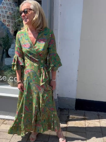 Green Wrap Silk Mix Floral Dress by Y Why