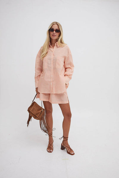Heidi Orange Stripe Linen Blend Shorts by Fika
