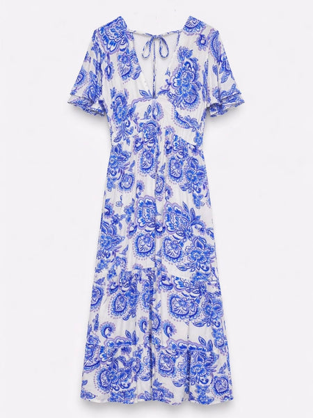 Blue Abstract FloralTie-Back Maxi Dress
