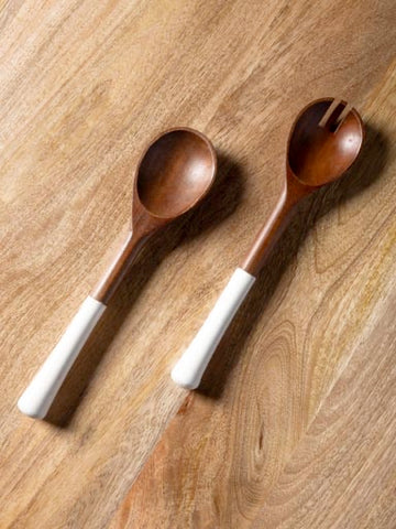 Wooden Salad Servers with White lacquered handles