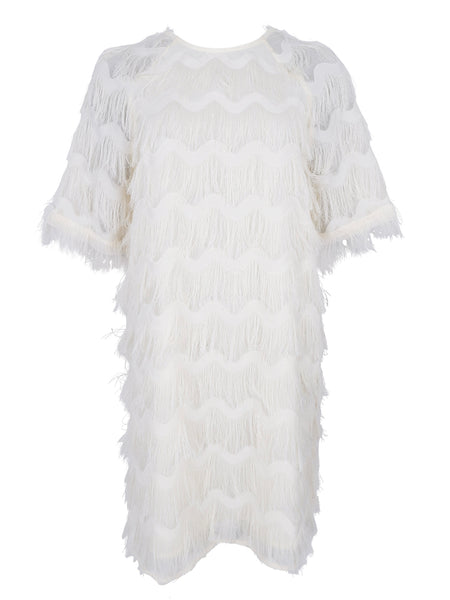 Winter White Tassel Shift Dress by Black Colour