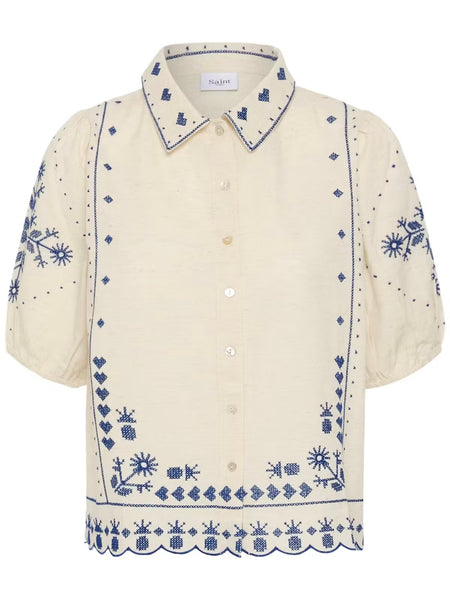 Cream Embroidered Linen Mix Shirt By Saint Tropez