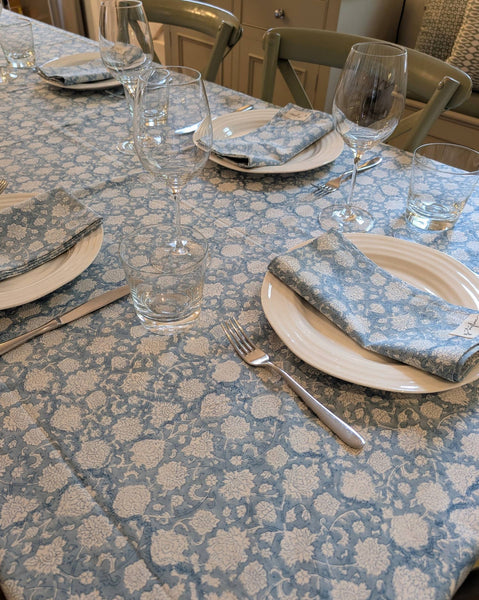 Blue Floral Block Printed Cotton Table Cloth 150x230cm