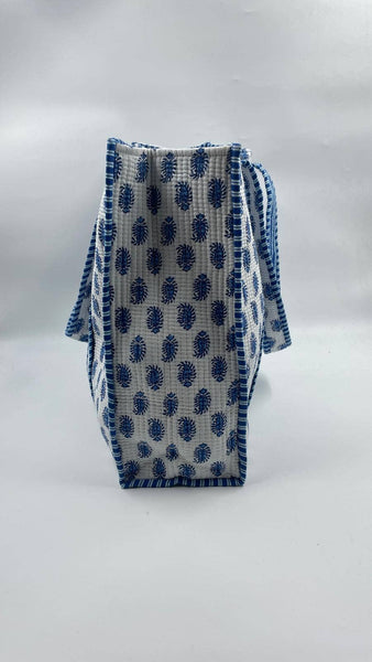100% Cotton Kantha Quilted Boho Blue Floral Reversible Tote Bag