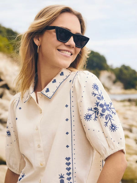 Cream Embroidered Linen Mix Shirt By Saint Tropez