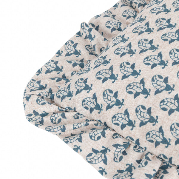 Blue Lulah Block Printed Ruffle Cushion Feather 45 x 45cm