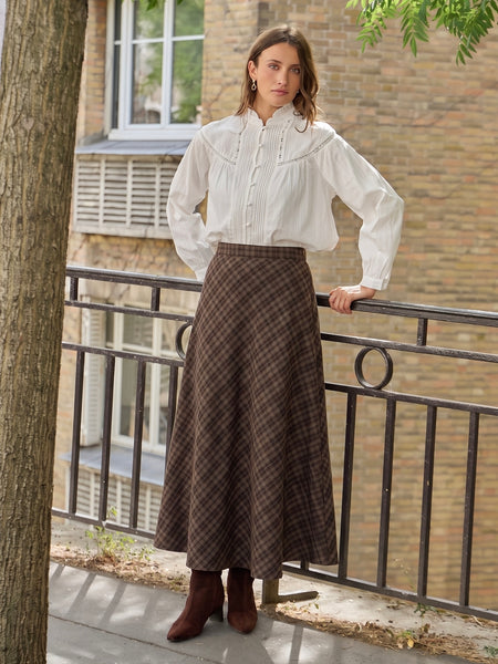 Chocolate Plaid Midi Skirt by Lovie and Co