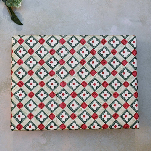 Block Printed Wrapping Paper Sheets - Floral Checks Sage