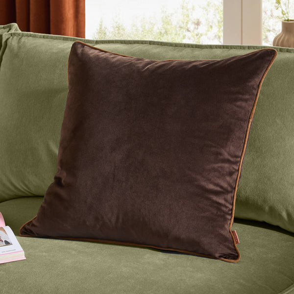 Chocolate Meridian Velvet Cushion Caramel Trim