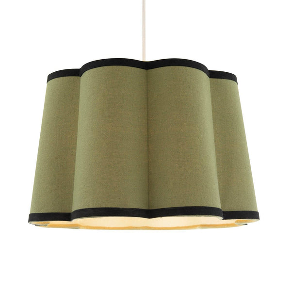 Olive Green Linen Scallop Drum Lamp Shade with Black Cotton Trims