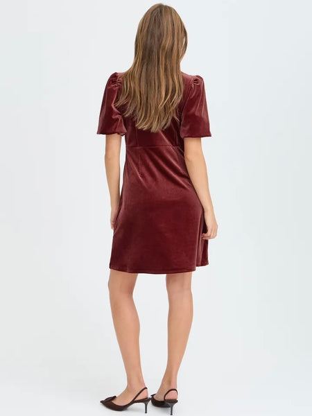 Burgundy Velvet Puff Sleeve Dress by B.Young
