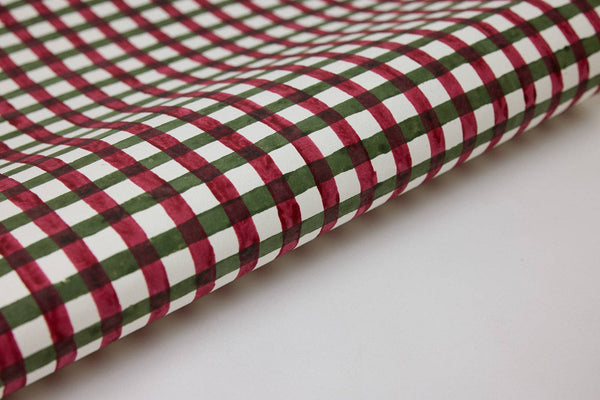 Block Printed Wrapping Paper Sheets - Gingham Holly Green