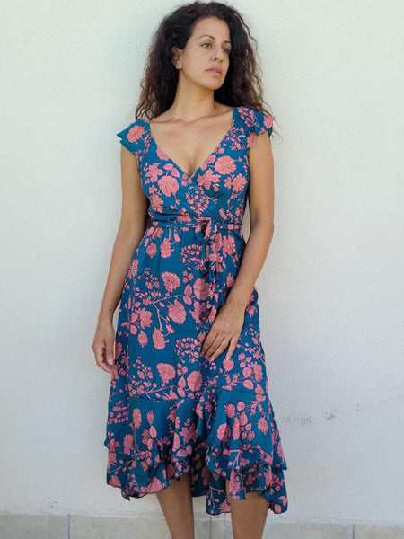 Teal/Pink Floral Wrap Dress by Y Why