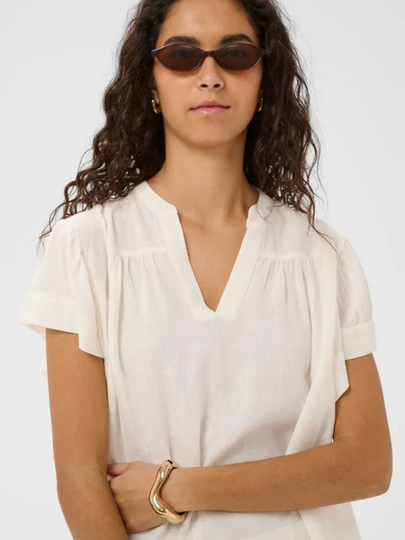 White Frill Sleeve Linen Mix Blouse By Soaked