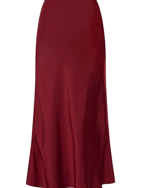 Red Satin Midi Skirt by B.Young
