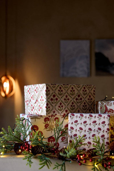Block Printed Wrapping Paper Sheets - Ditsy Floral Scarlet
