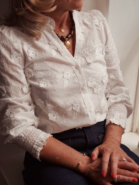 Bright White Floral Appliqué Blouse by Nümph