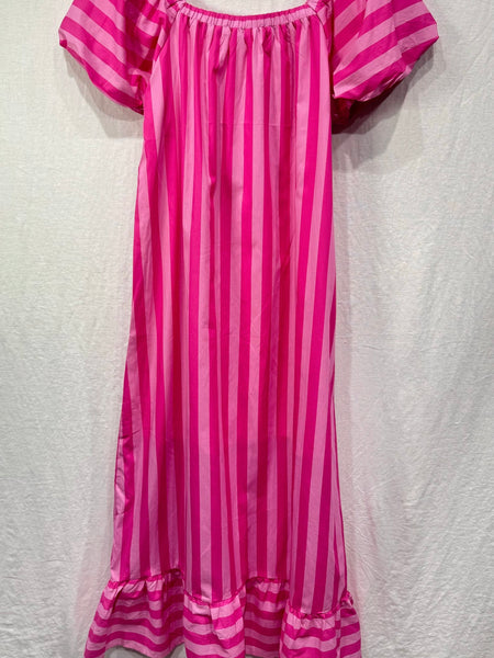 Pink Stripe Puff Sleeve Dress