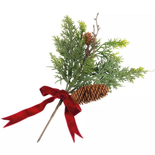 Foliage & Firecone Sprig With Velvet Ribbon By Grand Illusions
