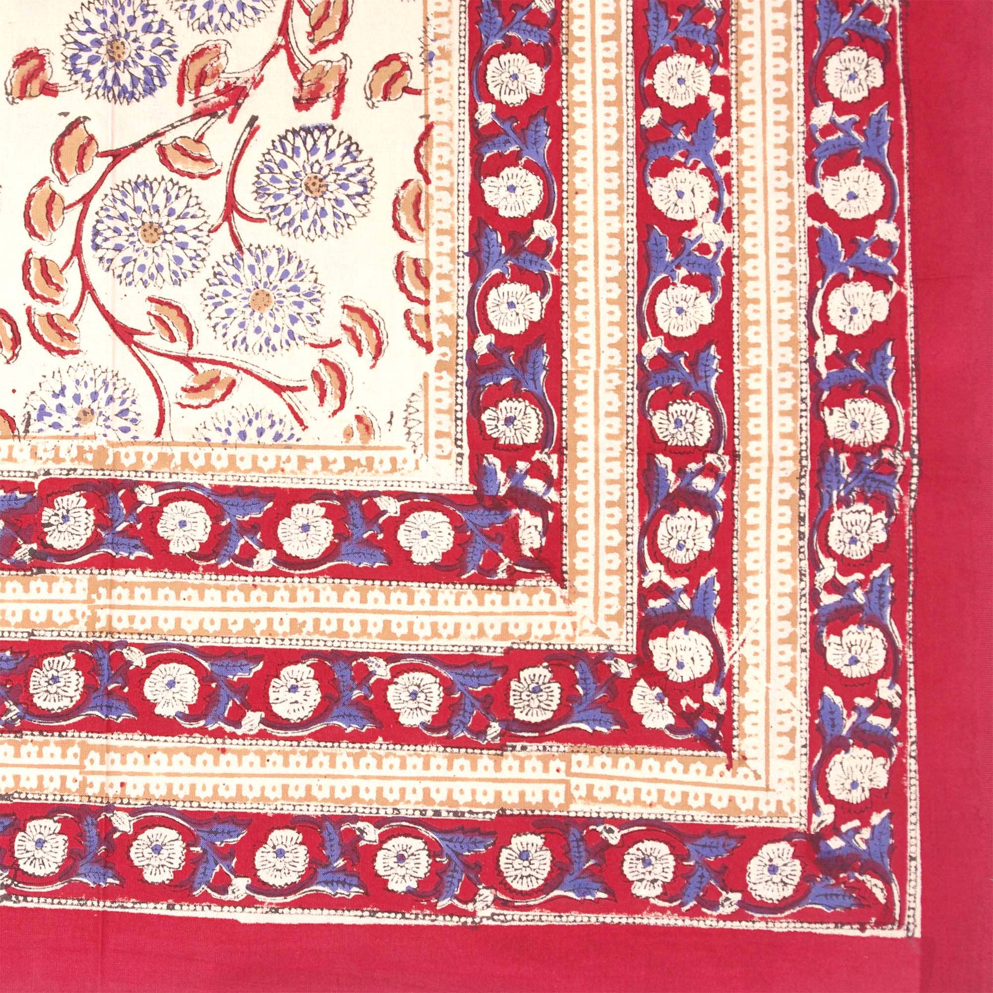 Beige Floral Block Printed Rectangular Tablecloth