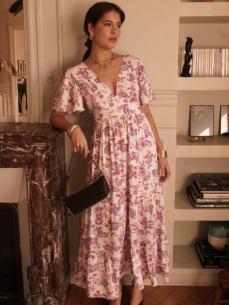 Fuchsia Paisley Fluted Sleeve Maxi Dress