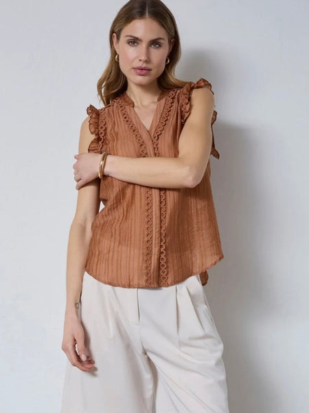 Tan Ruffle Sleeve Blouse by Co Couture