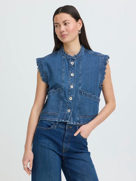 Denim Scallop Edge Boxy Waistcoat by Ichi