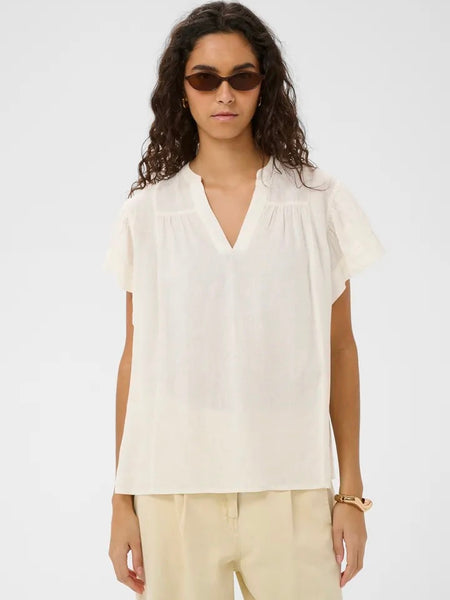 White Frill Sleeve Linen Mix Blouse By Soaked
