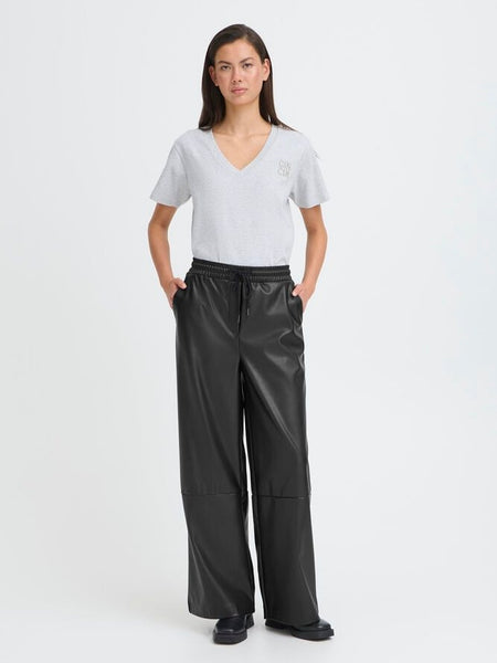 Black Faux Drawstring Leather Trousers By ICHI