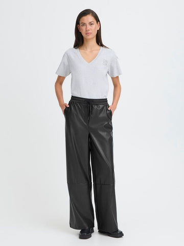 Black Faux Drawstring Leather Trousers By ICHI