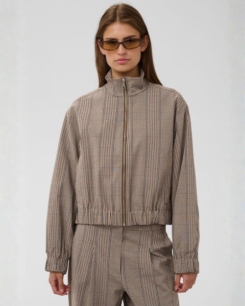 Mocha Check Zip Funnel Neck Bomber by Soaked