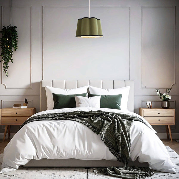 Olive Green Linen Scallop Drum Lamp Shade with Black Cotton Trims