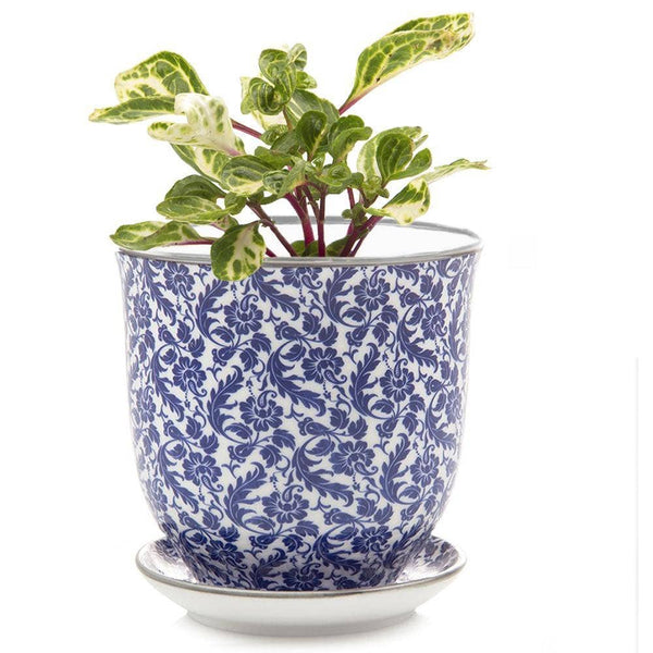 Blue Ceramic Pot with Saucer and Drainage Hole