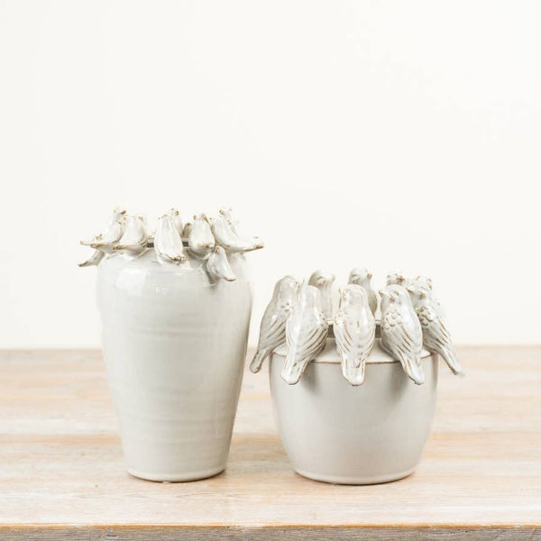 White Planter with Birds