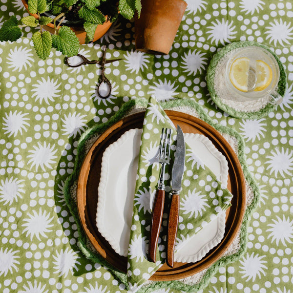 Green Sunburst Block Print Tablecloth 180x280cm