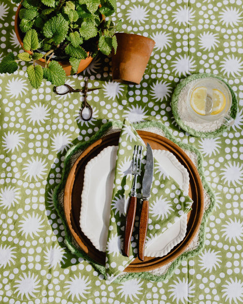Duck Egg Sunburst Block Print Tablecloth 180cm x 280cm