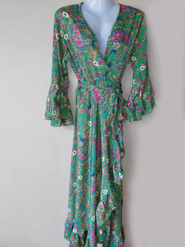 Green Wrap Silk Mix Floral Dress by Y Why