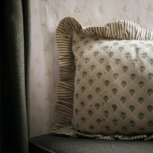Green Fanflower Block Print Cushion 30x50cm