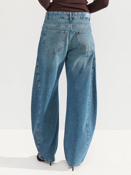 Mid Blue Denim High Rise Barrel Jeans by Nümph
