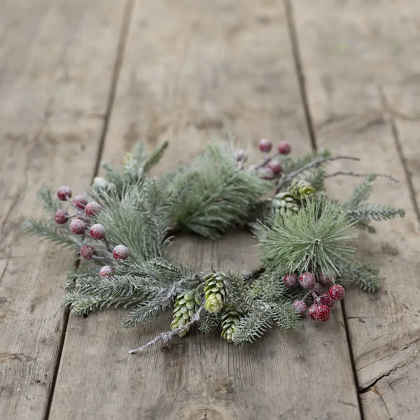 Foliage & Red Berry Snowy Candle Ring By Grand Illusions